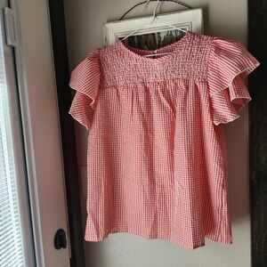 Red Gingham Ruffle Sleeve Top